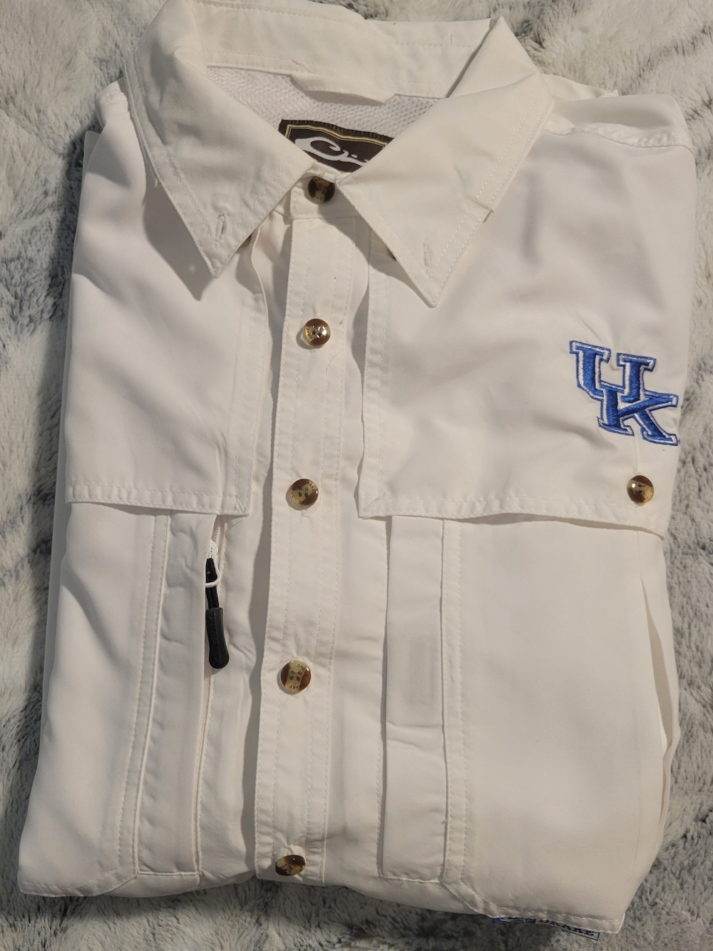 Drake White Mesh Shirt with Brown & Gold Logo Patch